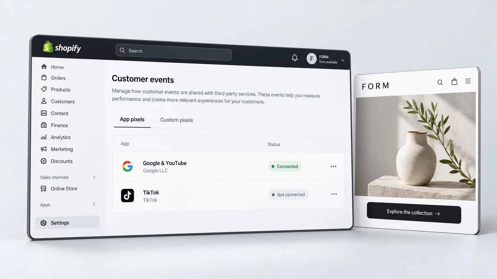 Three-dimensional editorial illustration of tracking foundations and campaign readiness, with realistic light Shopify-style interface panels in RexCode graphite, silver and white.