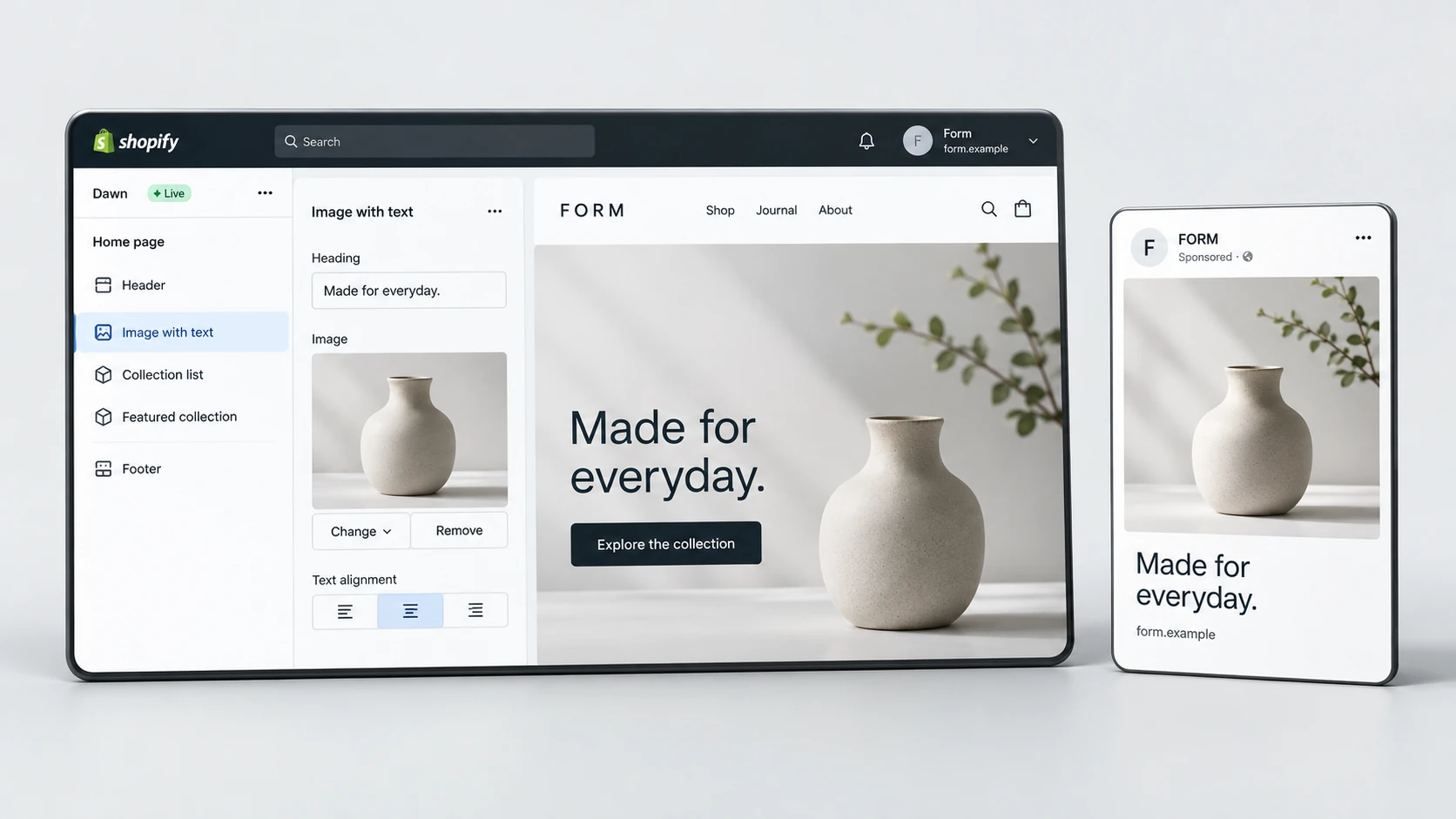 Three-dimensional editorial illustration of campaign landing page message match, with realistic light Shopify-style interface panels in RexCode graphite, silver and white.