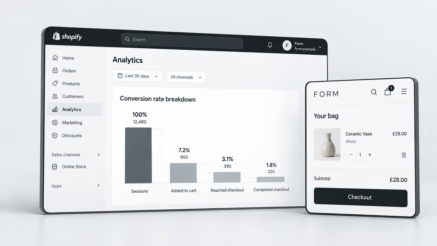 Three-dimensional editorial illustration of conversion funnel diagnosis, with realistic light Shopify-style interface panels in RexCode graphite, silver and white.