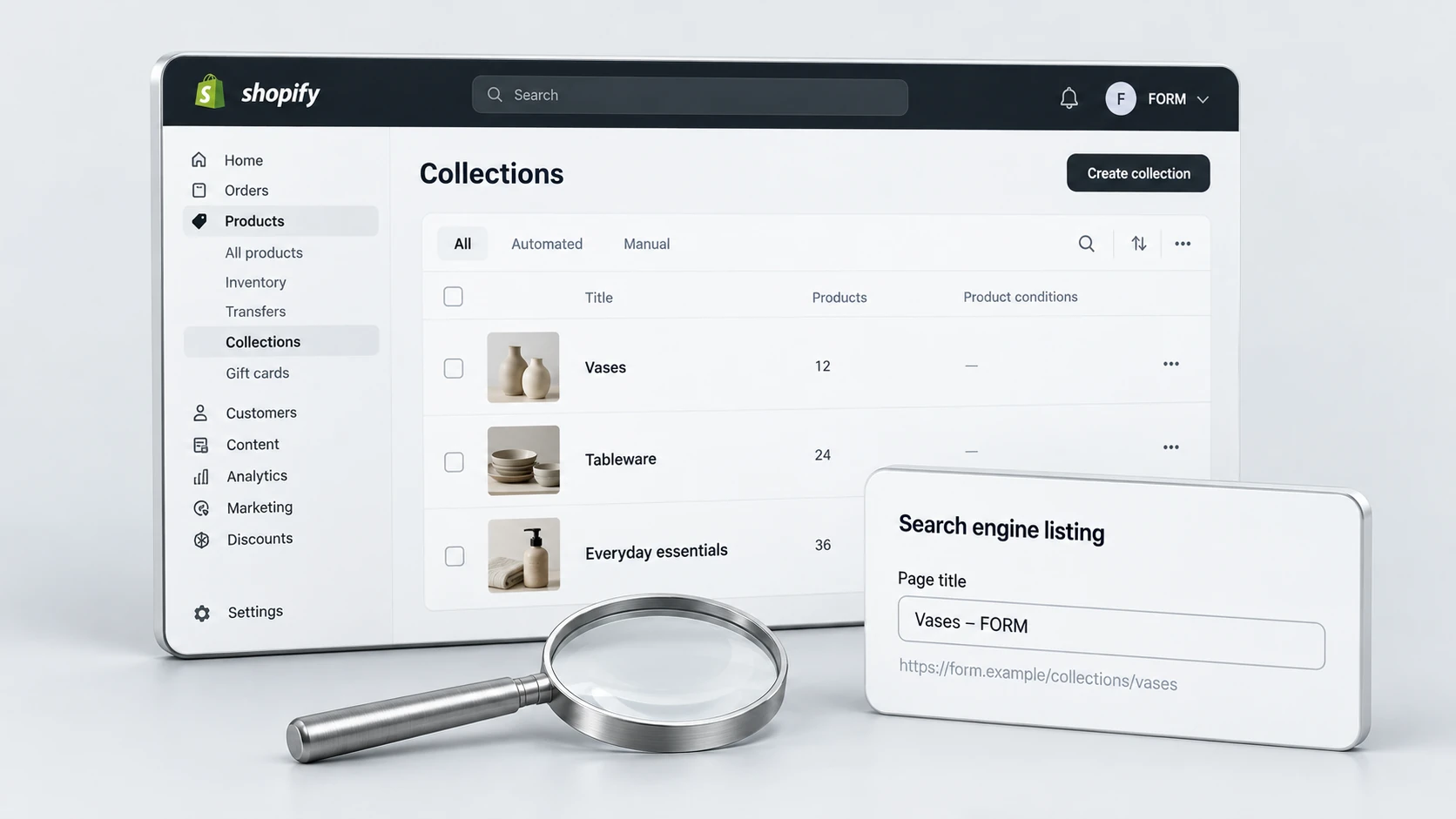 Three-dimensional editorial illustration of seo foundations before ads, with realistic light Shopify-style interface panels in RexCode graphite, silver and white.