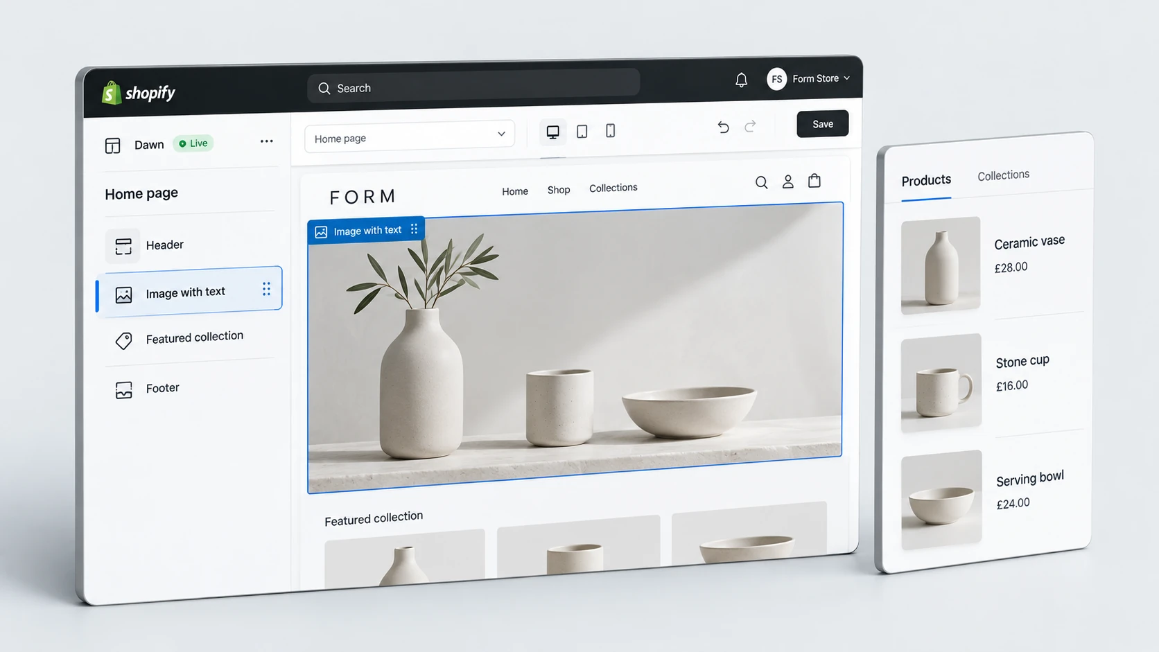 Three-dimensional editorial illustration of shopify store build planning, with realistic light Shopify-style interface panels in RexCode graphite, silver and white.