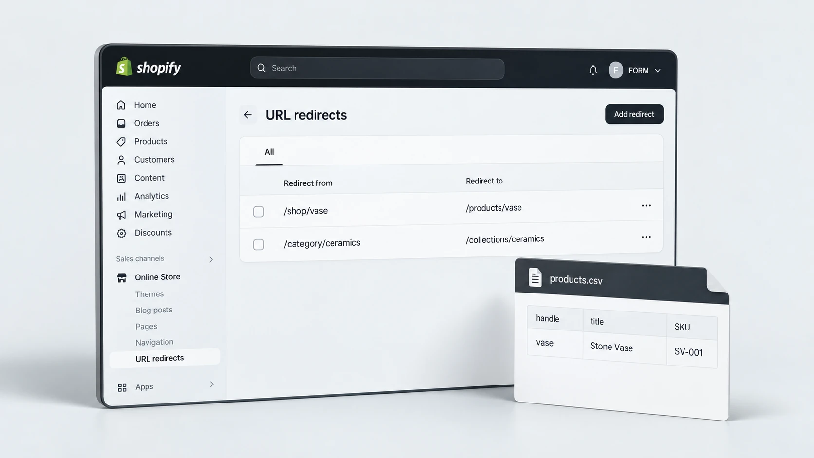 Three-dimensional editorial illustration of migration redirects and data protection, with realistic light Shopify-style interface panels in RexCode graphite, silver and white.