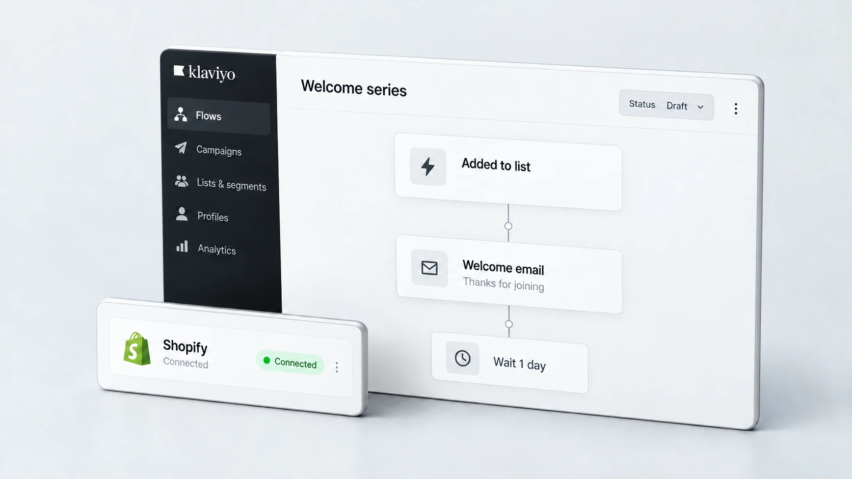 Three-dimensional editorial illustration of klaviyo setup, with realistic light Shopify-style interface panels in RexCode graphite, silver and white.