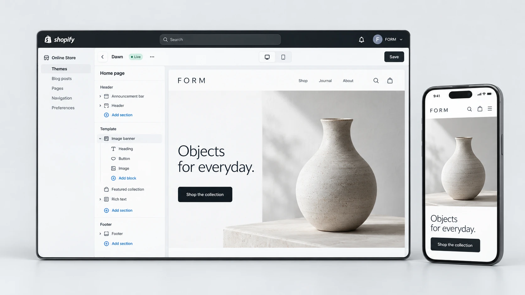 Three-dimensional editorial illustration of premium ecommerce design, with realistic light Shopify-style interface panels in RexCode graphite, silver and white.