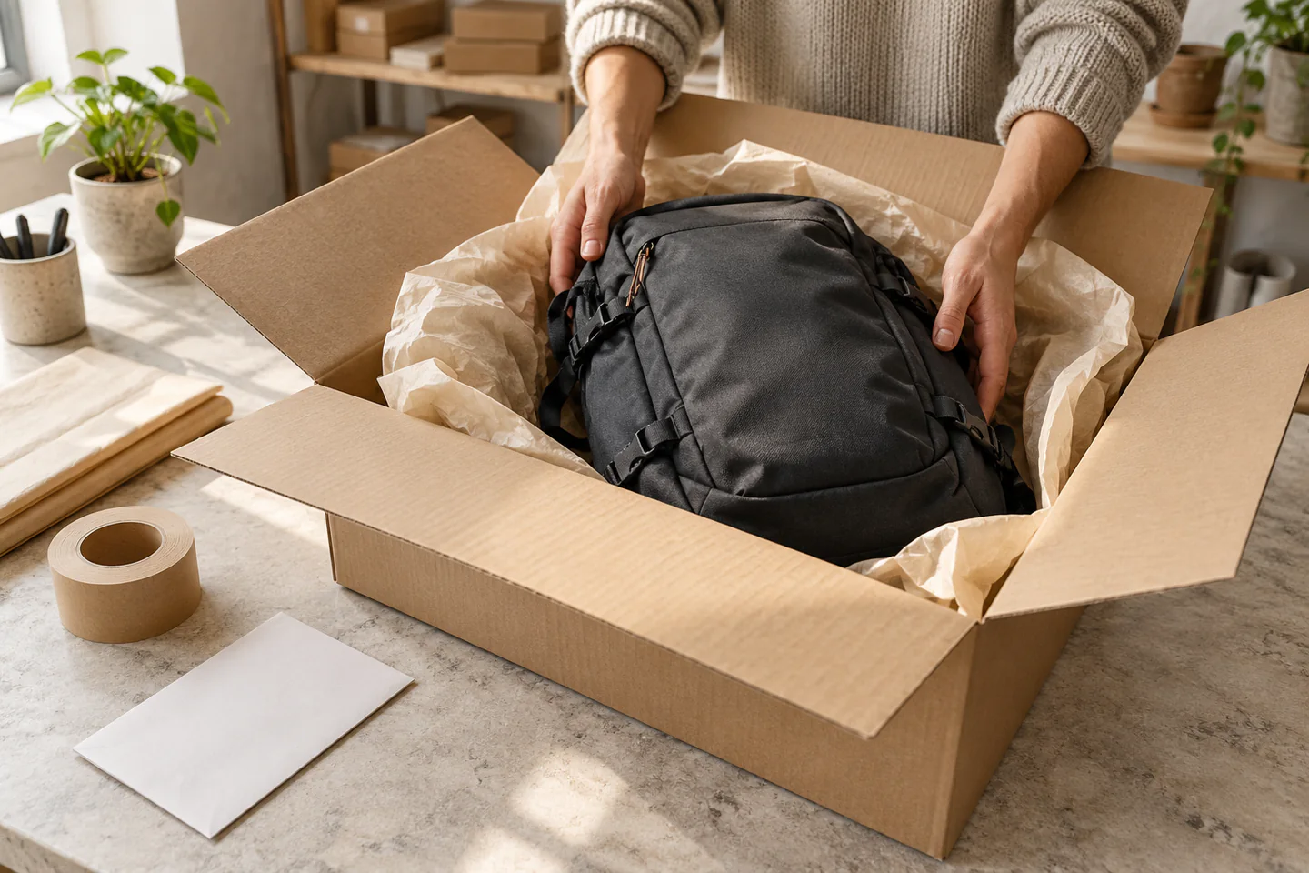 A small ecommerce order being packed: a charcoal daypack is placed in a recycled kraft parcel on a light workshop bench.