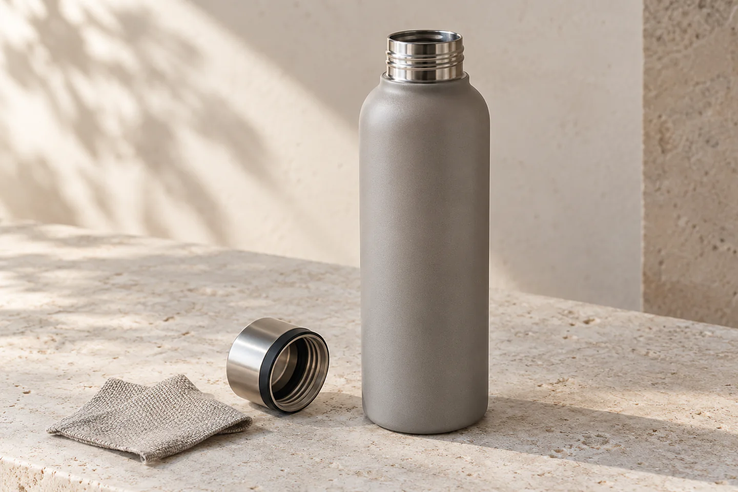 A warm-grey stainless-steel flask and woven fabric swatch arranged on pale stone.