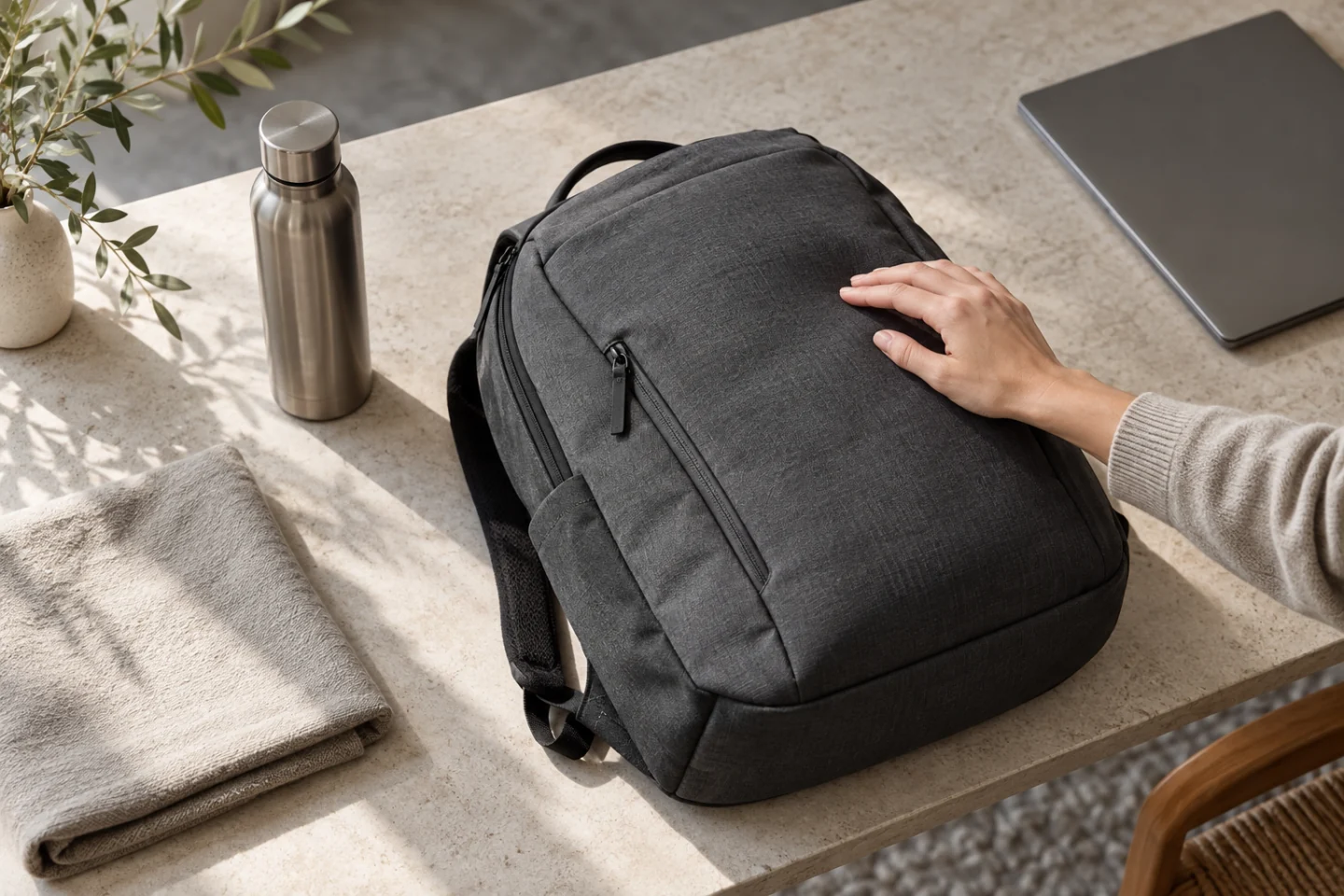 A shopper checks a charcoal commuter backpack beside a steel flask and material swatch on a light stone worktable.