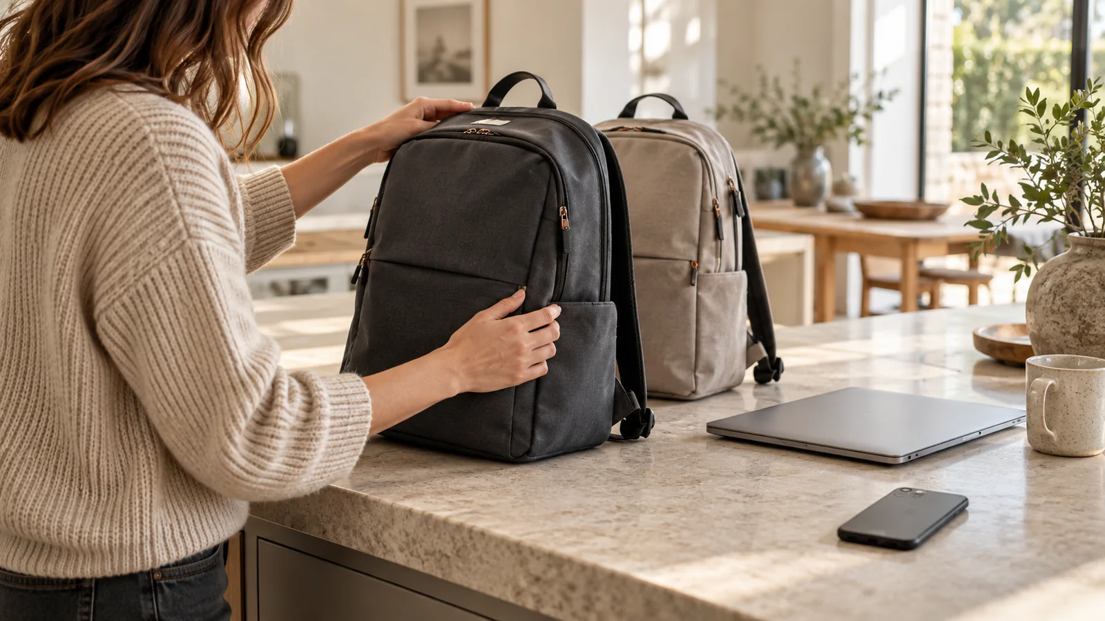 A shopper compares two charcoal and stone daypacks beside a laptop in a calm, light-filled home.