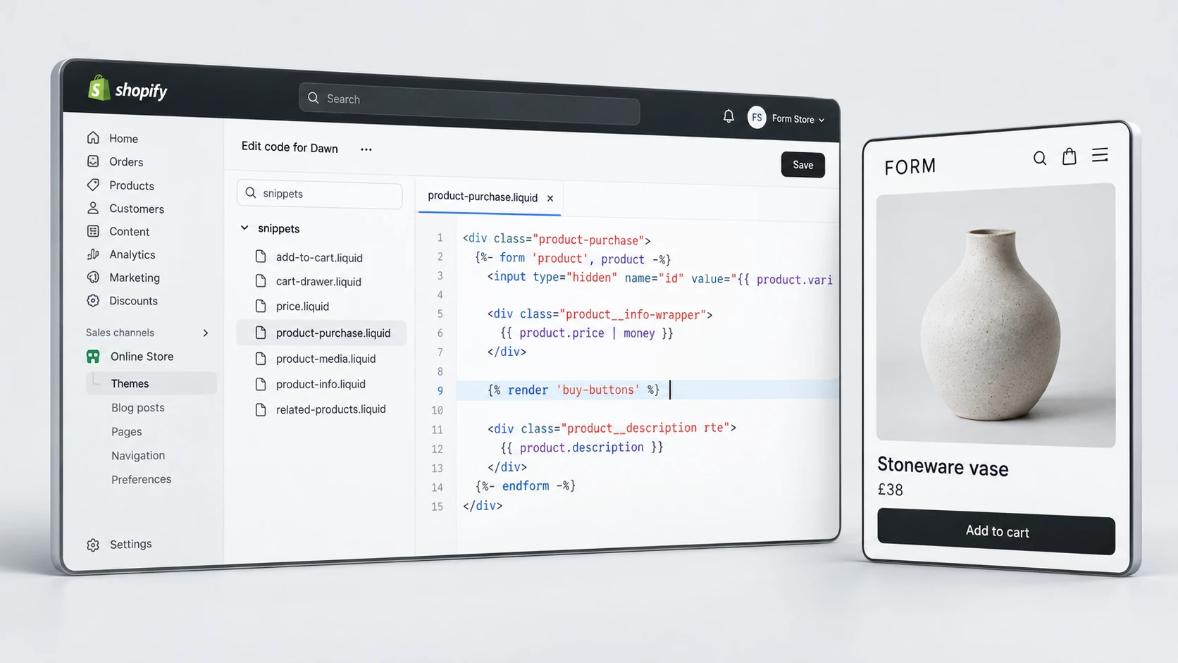 Three-dimensional editorial illustration of liquid bug repair, with realistic light Shopify-style interface panels in RexCode graphite, silver and white.