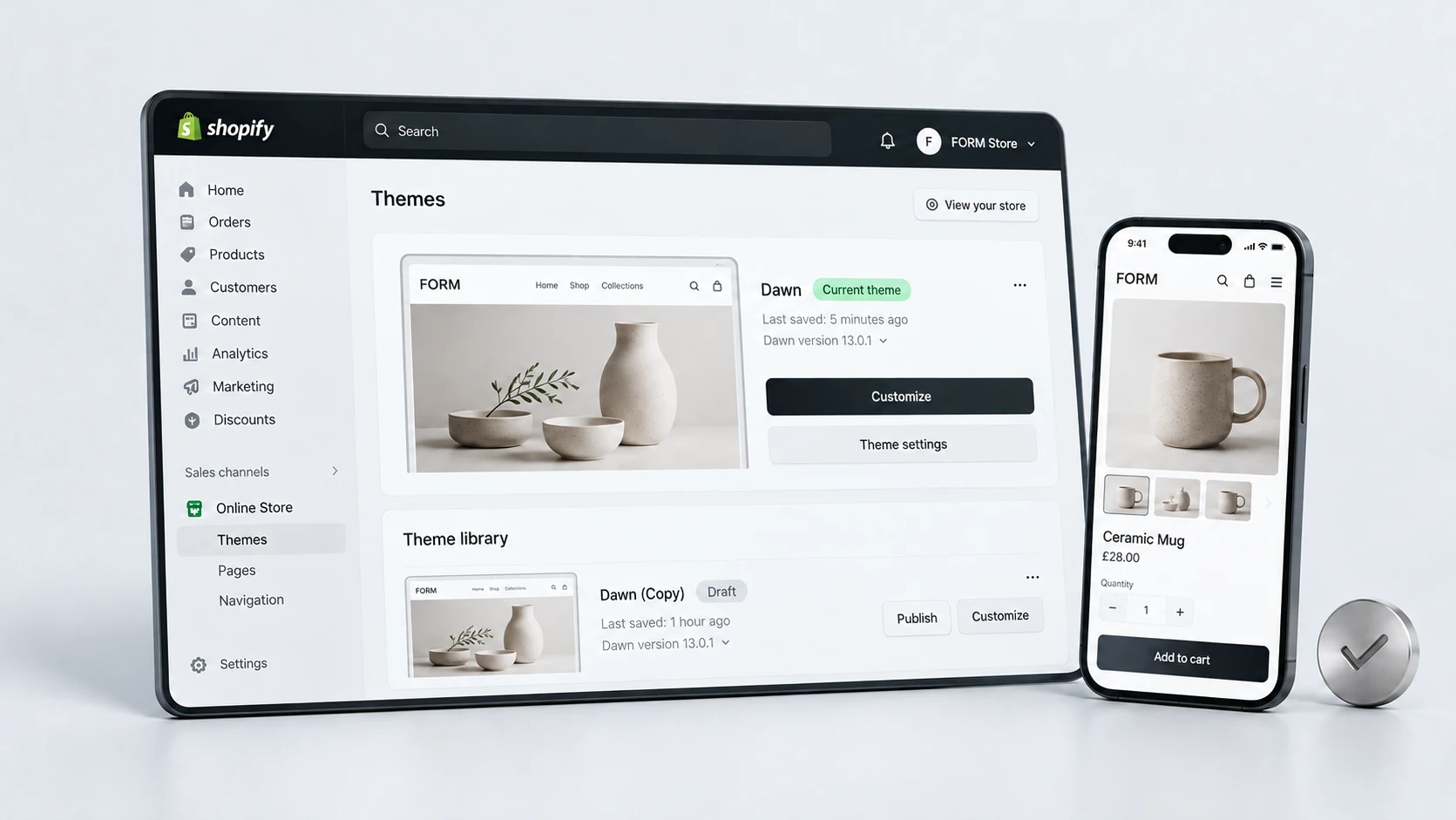 Three-dimensional editorial illustration of monthly maintenance, with realistic light Shopify-style interface panels in RexCode graphite, silver and white.