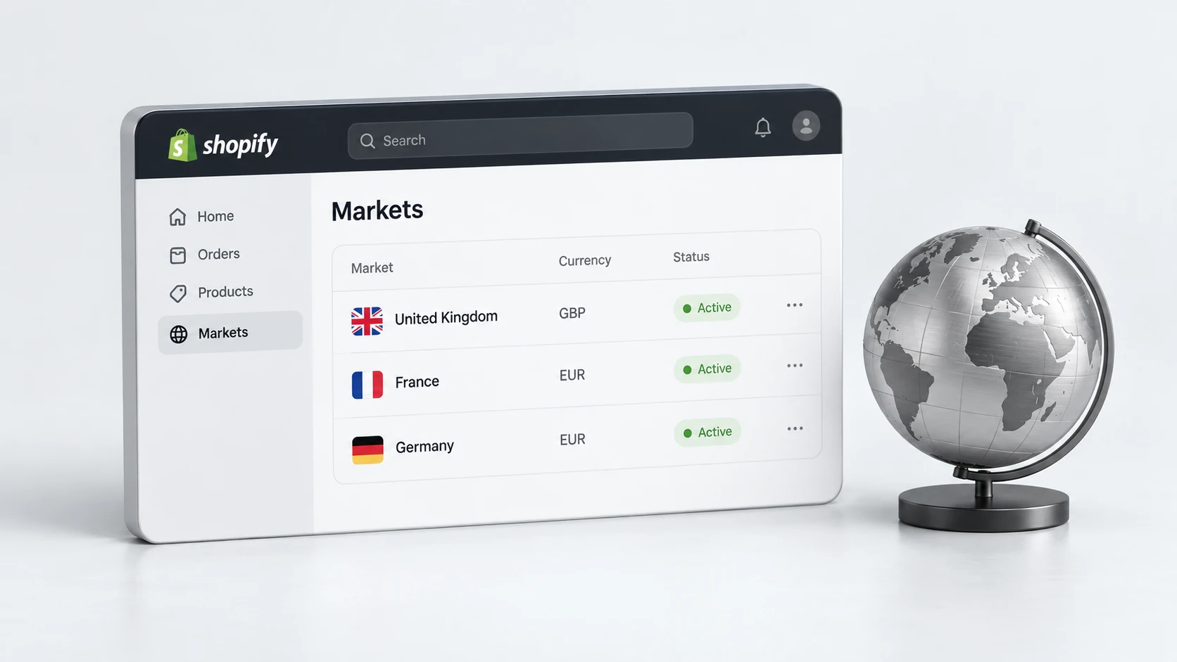 Three-dimensional editorial illustration of shopify markets, with realistic light Shopify-style interface panels in RexCode graphite, silver and white.