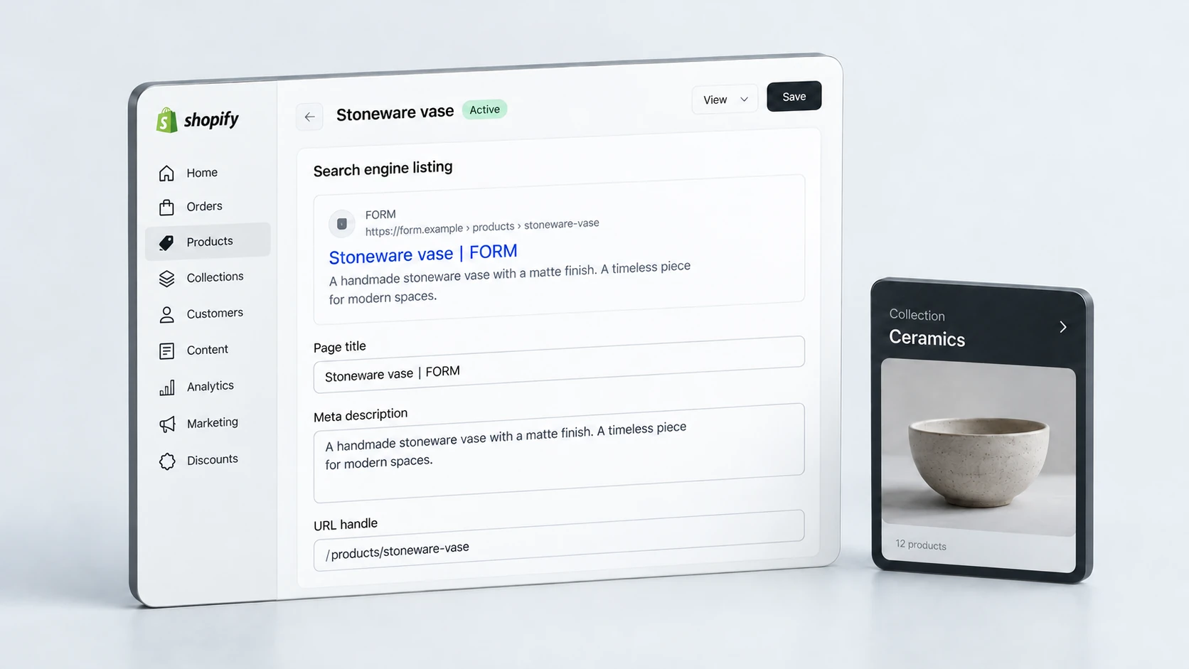 Three-dimensional editorial illustration of product and collection seo, with realistic light Shopify-style interface panels in RexCode graphite, silver and white.