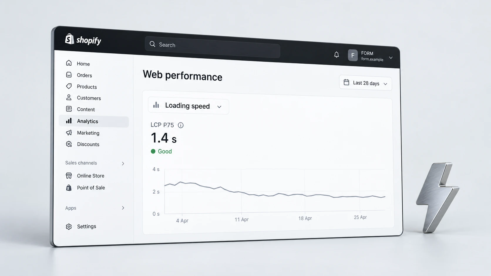 Three-dimensional editorial illustration of shopify performance, with realistic light Shopify-style interface panels in RexCode graphite, silver and white.