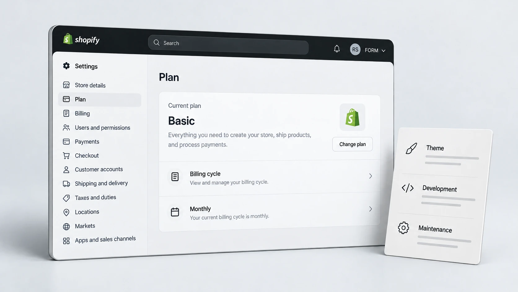 Three-dimensional editorial illustration of shopify website budget, with realistic light Shopify-style interface panels in RexCode graphite, silver and white.