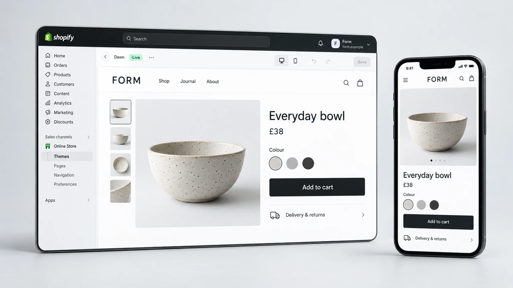 Three-dimensional editorial illustration of simple conversion improvements, with realistic light Shopify-style interface panels in RexCode graphite, silver and white.