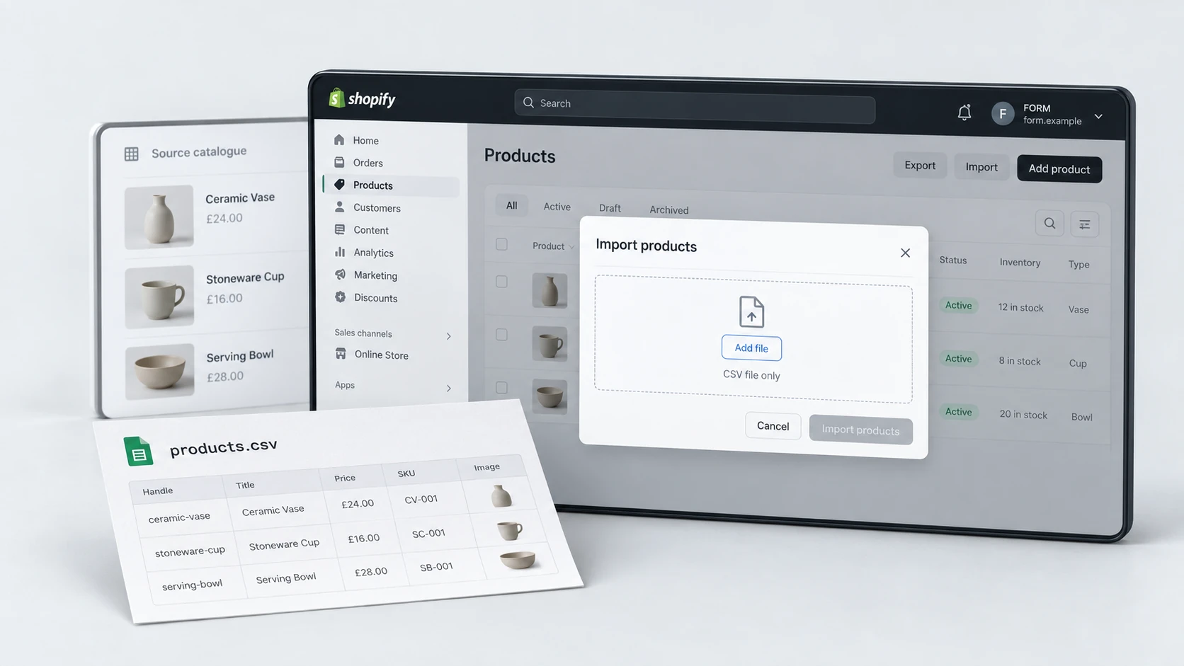 Three-dimensional editorial illustration of pre-migration import planning, with realistic light Shopify-style interface panels in RexCode graphite, silver and white.
