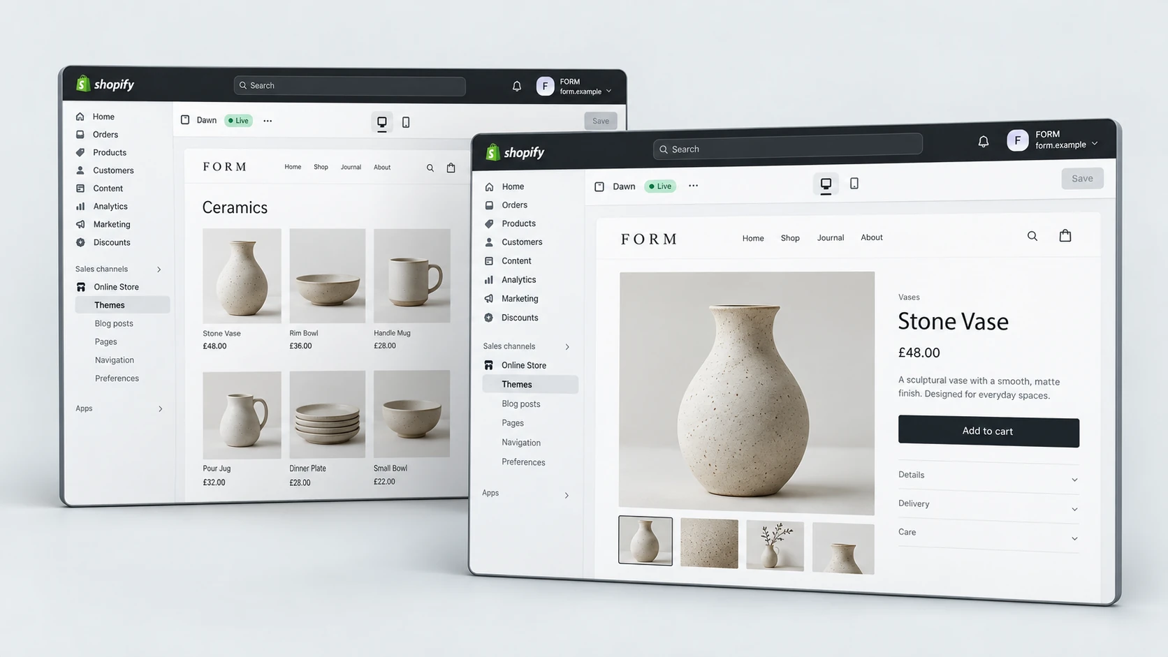Three-dimensional editorial illustration of store redesign, with realistic light Shopify-style interface panels in RexCode graphite, silver and white.