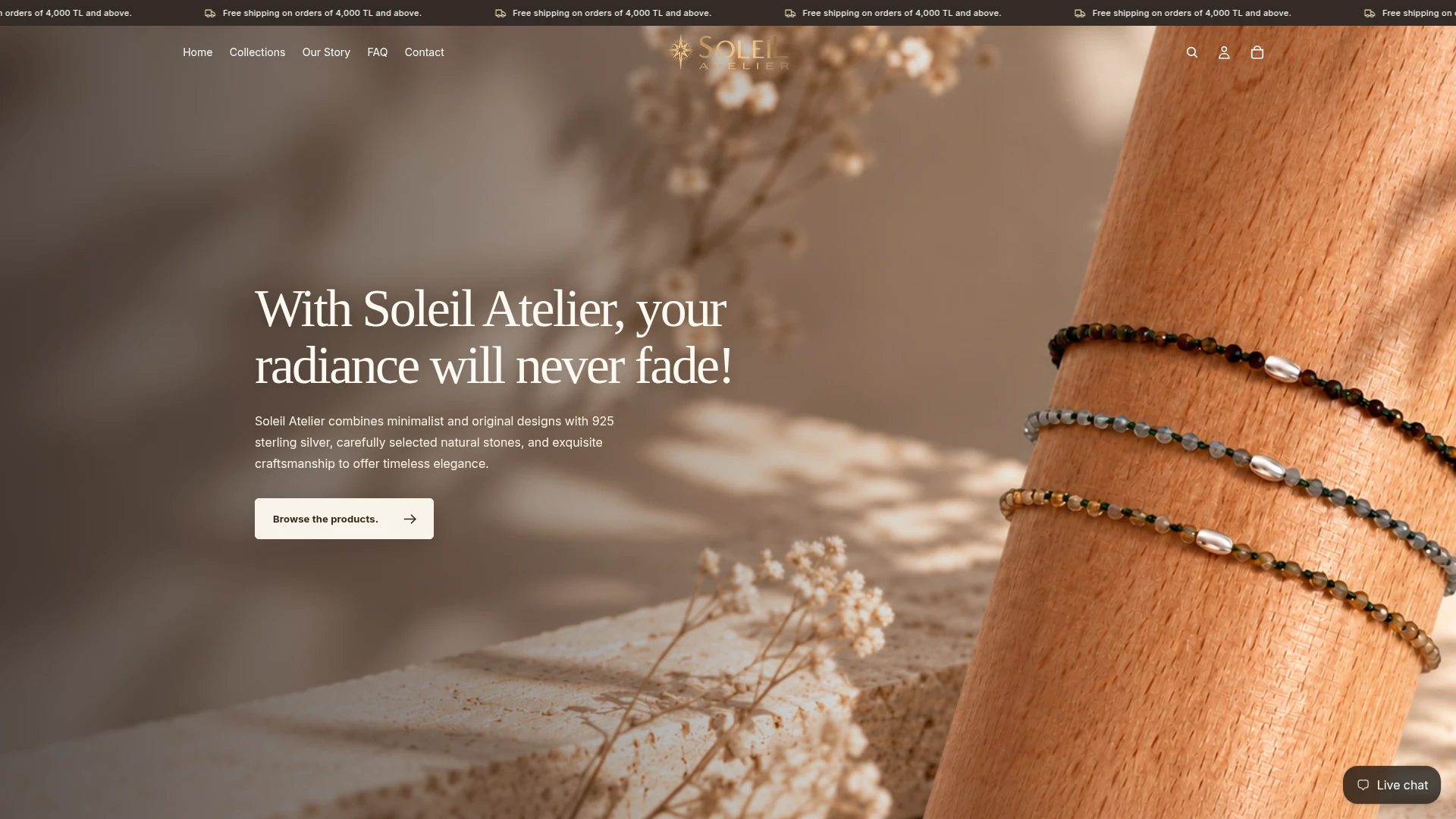 Soleil Atelier live Shopify homepage, desktop screenshot