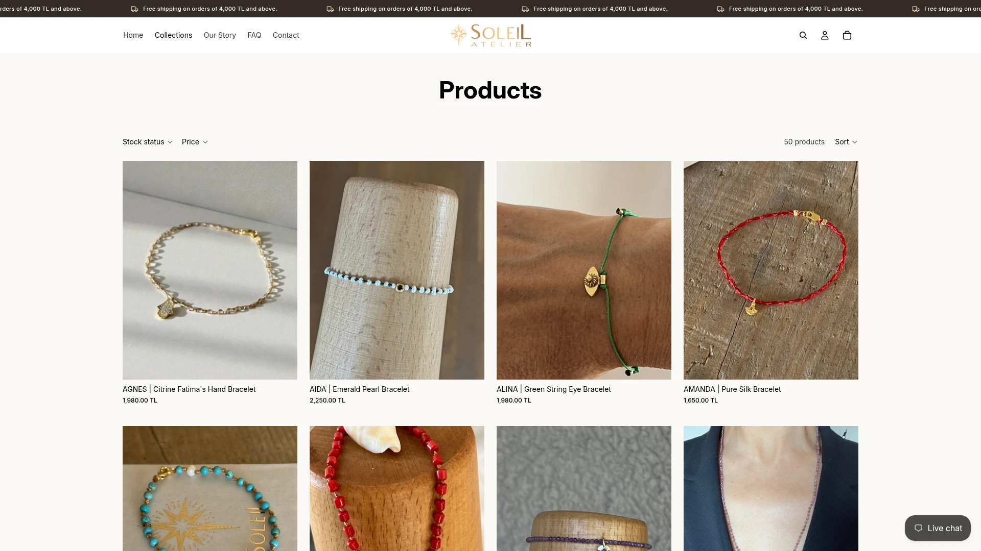 Soleil Atelier live Shopify all-products collection, desktop screenshot