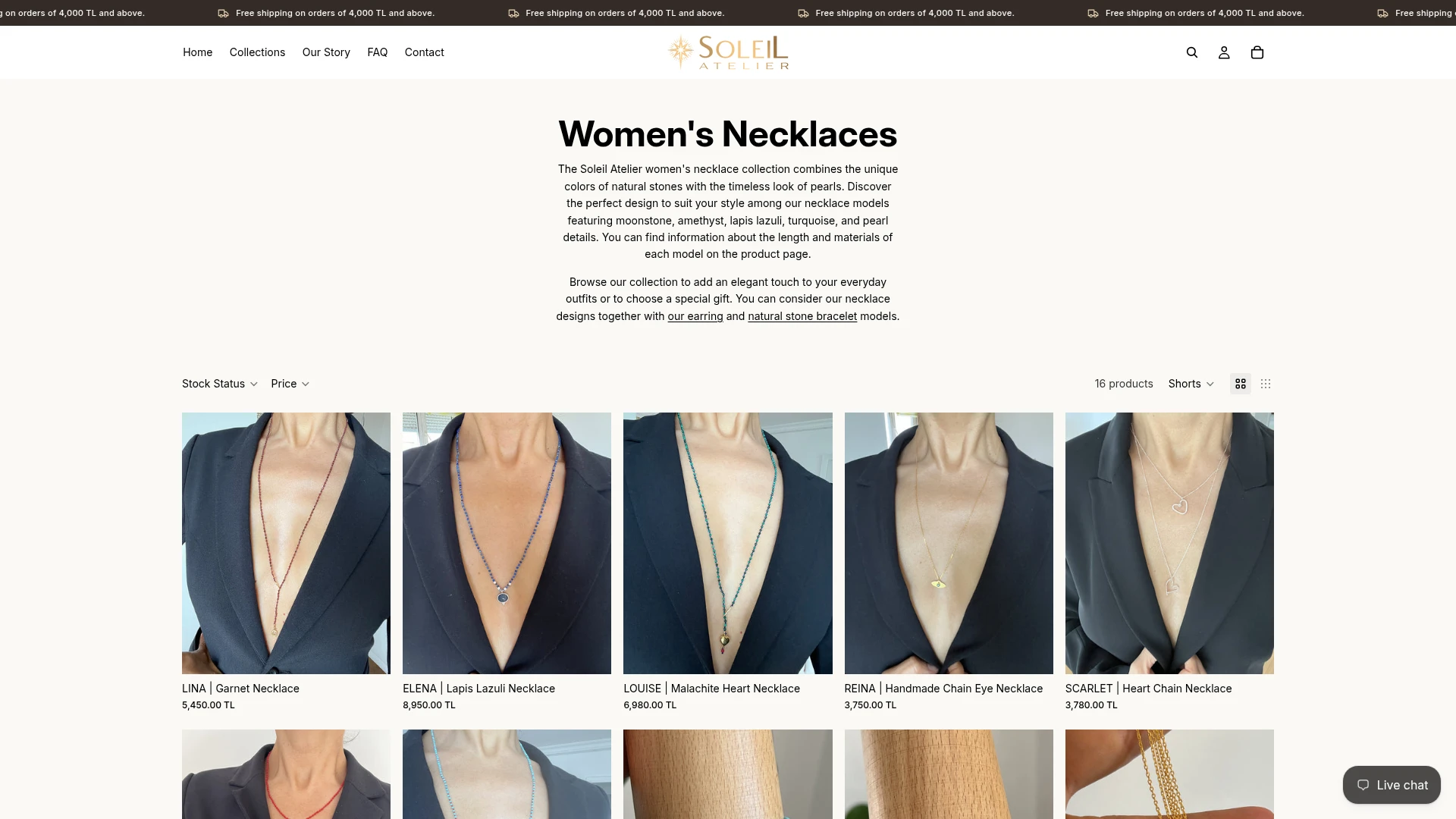 Soleil Atelier live necklace collection, desktop screenshot