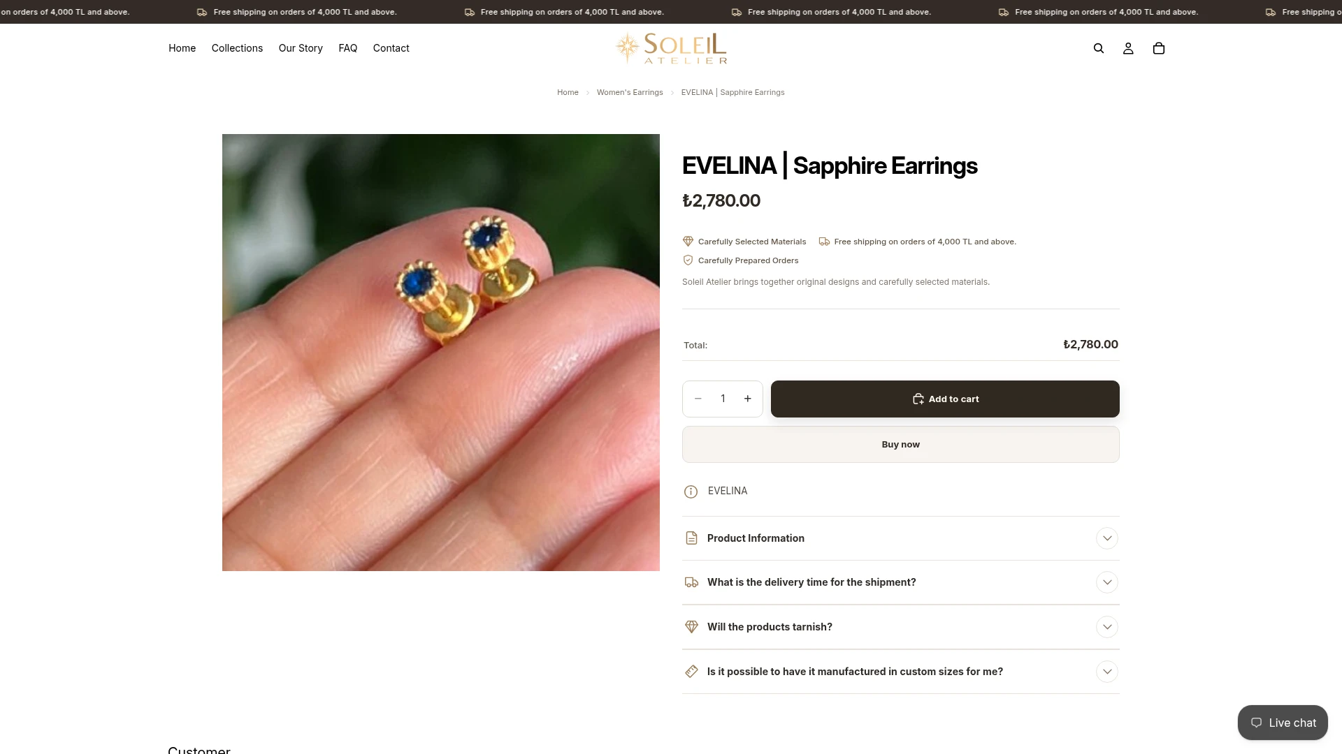 Soleil Atelier live EVELINA earrings product detail page