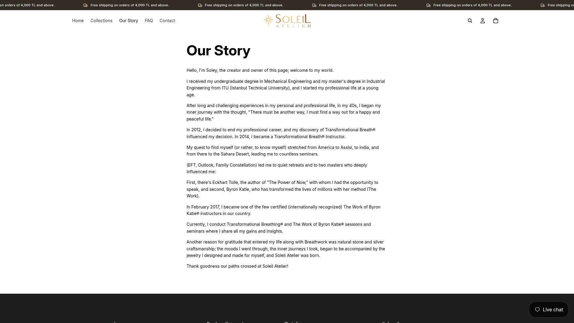 Soleil Atelier founder story page in the live Shopify storefront